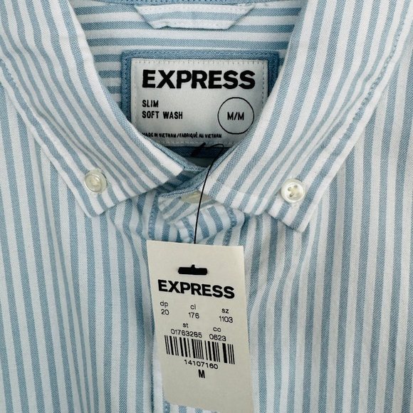 New With Tags: Express Light Blue Striped Men's Collared Soft Wash Shirt - Picture 2 of 4